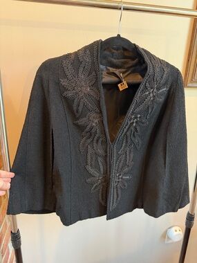 Vintage Black Embroidered Open Front Wool Cape Jacket